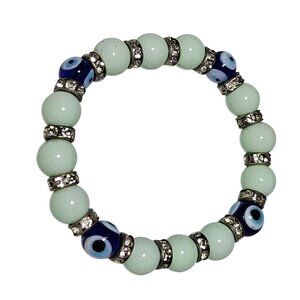 Evil Eye Beaded Stretch Bracelet Rhinestone Accents Mint Green Blue Beads Women
